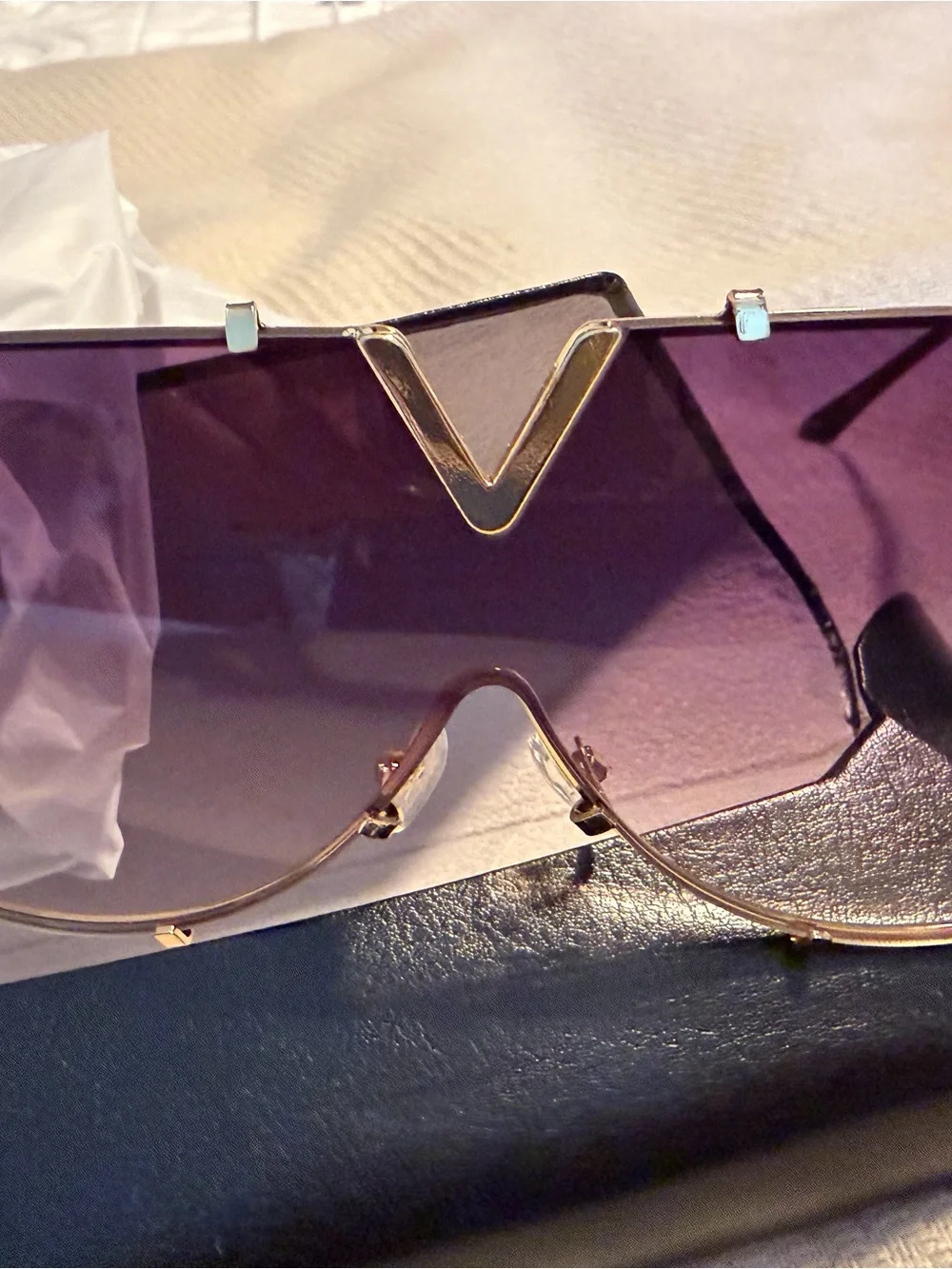 Purple Gradient Shield Sunglasses with Gold Accent